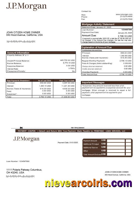 USA JP Morgan bank mortgage statement